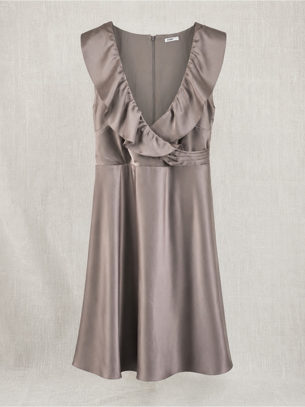 J.Crew Satin Midi Dress Ruffle V-Neck A-Line Taupe Size 6